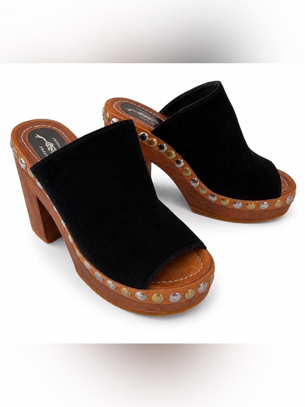 Jeffrey Campbell Free People platform wood & suede heel slides, mixed metal 8.5